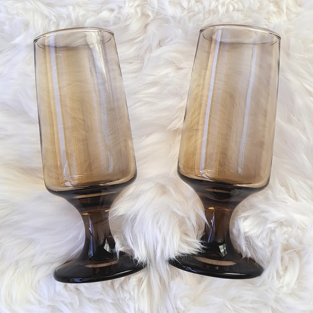 2 Vintage Libbey Tawny Accent Smoked Glass Goblets • Cocktail • Wine • Juice
